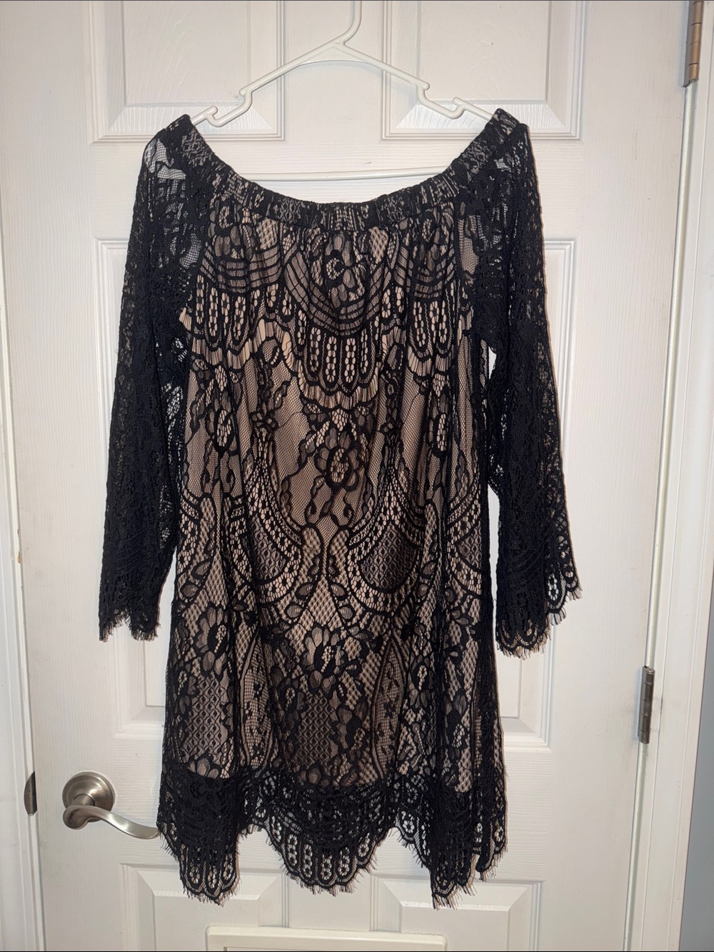 Black Lace Off the Shoulder Tunic Dress with Nude Lining